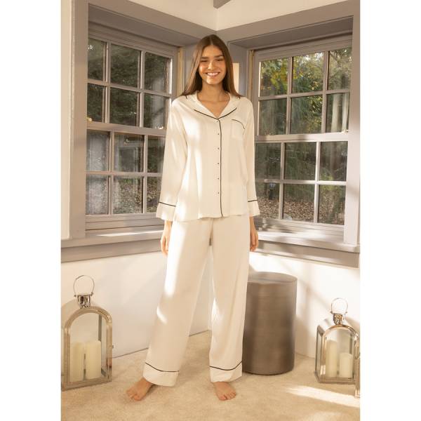 %100 Viskon Pijama Takımı Ekru M - Cool White Serisi - Penelope