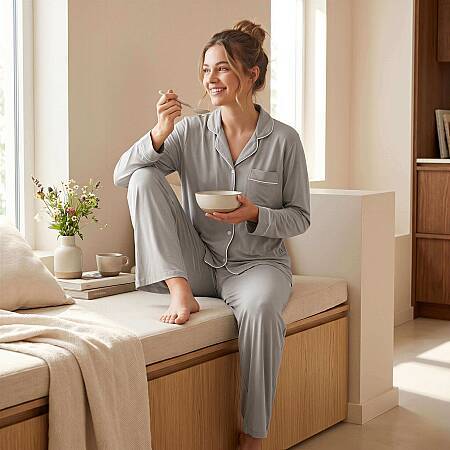 Cooling Jersey Kadın Gömlek Pijama Takımı - S/M - Gri - OTHELLO