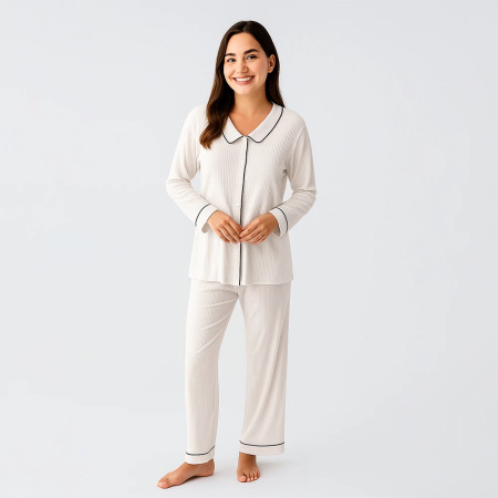 Cozy Collar Bebe Yaka Düğmeli Viskoz Pijama Takımı - Ekru - PENELOPE