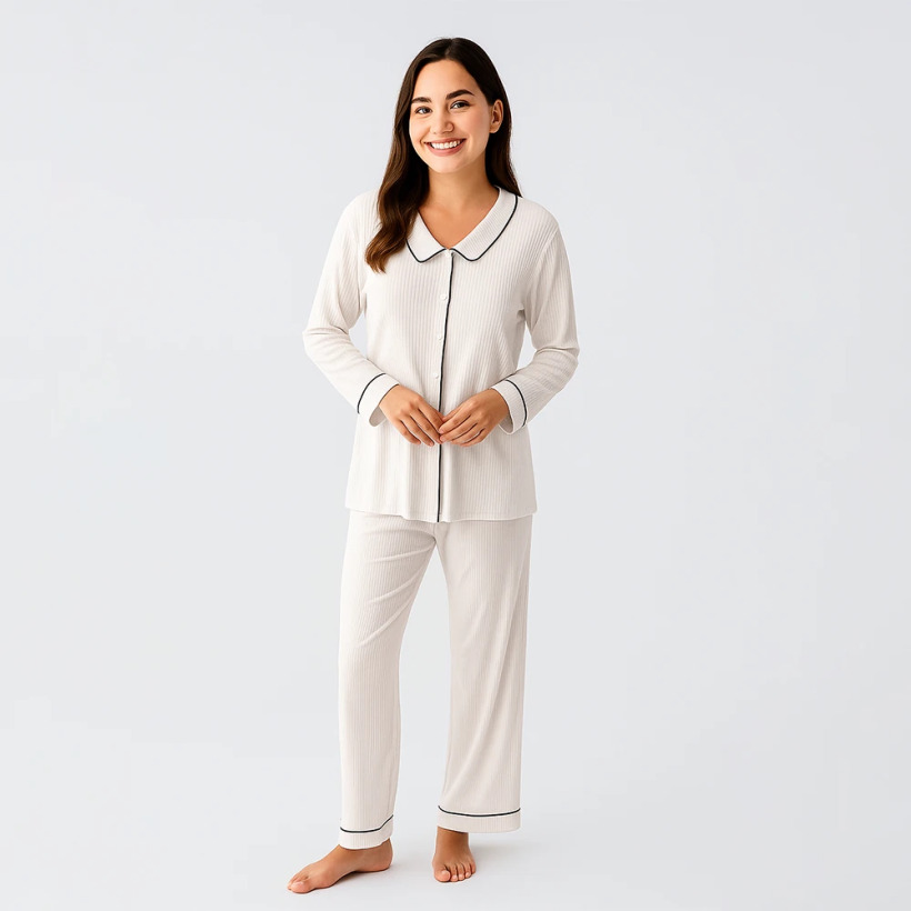 Cozy Collar Bebe Yaka Düğmeli Viskoz Pijama Takımı - Ekru - 