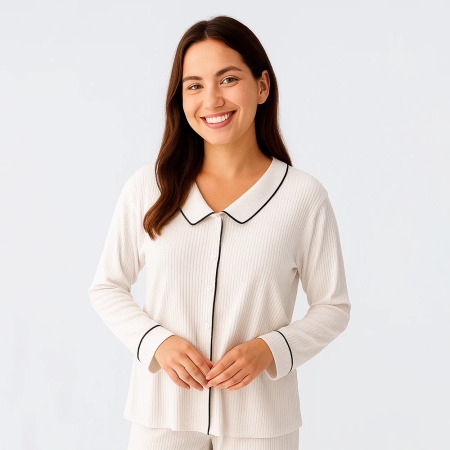 Cozy Collar Bebe Yaka Düğmeli Viskoz Pijama Takımı - Ekru - PENELOPE (1)