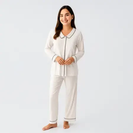 Cozy Collar Bebe Yaka Düğmeli Viskoz Pijama Takımı - Ekru/L - 1