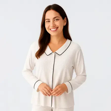 Cozy Collar Bebe Yaka Düğmeli Viskoz Pijama Takımı - Ekru/S - PENELOPE (1)