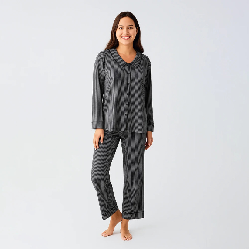 Cozy Collar Bebe Yaka Düğmeli Viskoz Pijama Takımı - Siyah - 