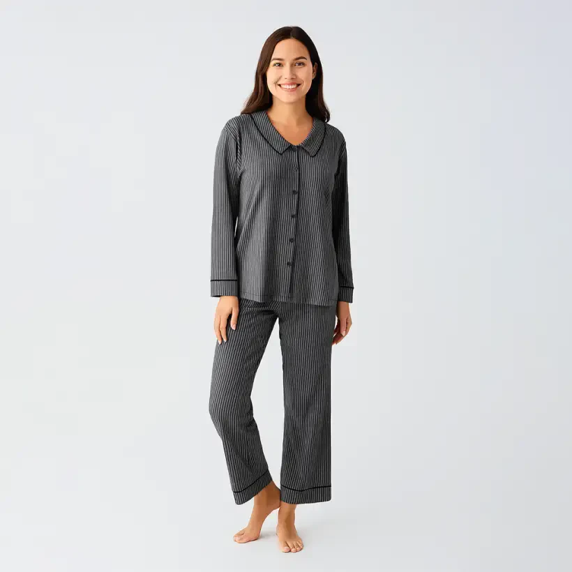 Cozy Collar Bebe Yaka Düğmeli Viskoz Pijama Takımı - Siyah/S - PENELOPE