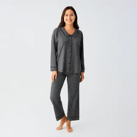 Cozy Collar Bebe Yaka Düğmeli Viskoz Pijama Takımı - Siyah/Xl - 1