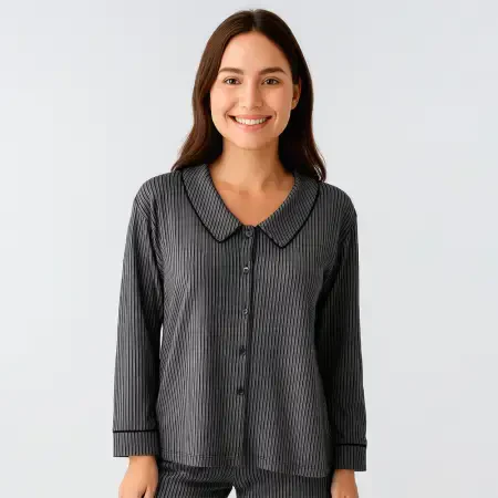 Cozy Collar Bebe Yaka Düğmeli Viskoz Pijama Takımı - Siyah/Xl - PENELOPE (1)