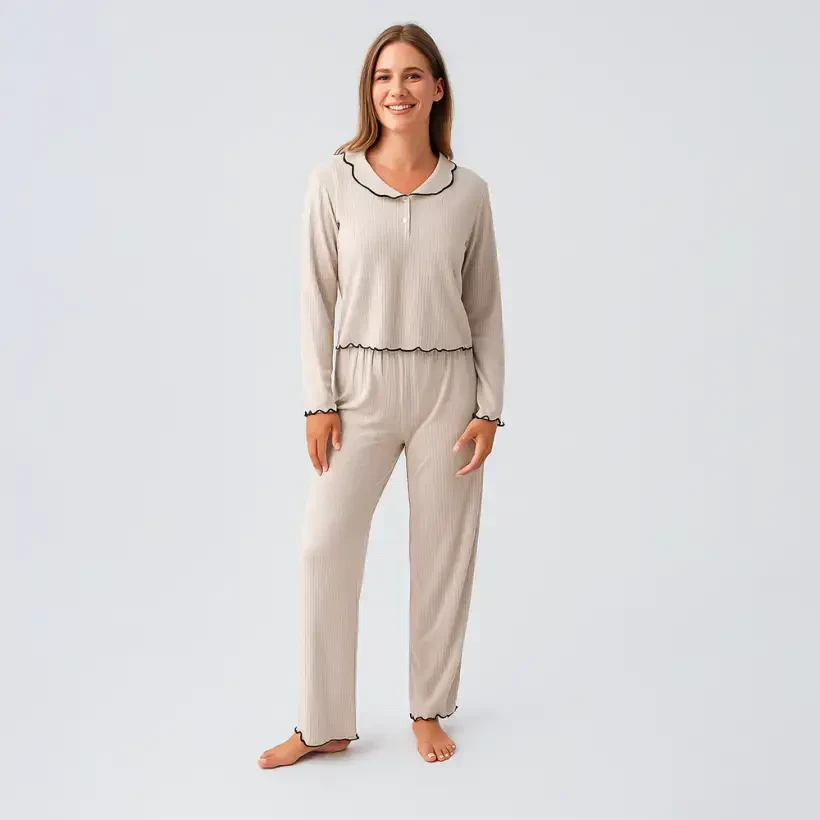 Diana Uzun Kollu Fırfır Dikişli Viskoz Pijama Takımı - Bej/L - 