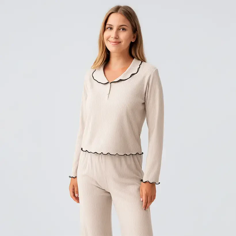 Diana Uzun Kollu Fırfır Dikişli Viskoz Pijama Takımı - Bej/L - 