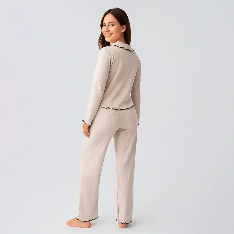 Diana Uzun Kollu Fırfır Dikişli Viskoz Pijama Takımı - Bej/L - 