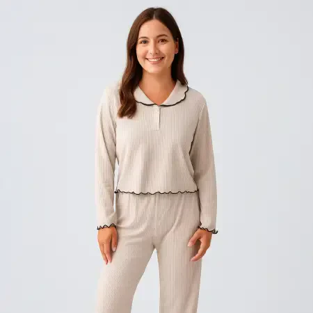 Diana Uzun Kollu Fırfır Dikişli Viskoz Pijama Takımı - Bej/M - 4