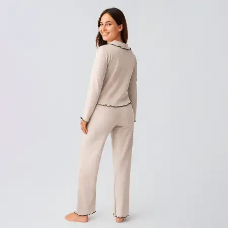 Diana Uzun Kollu Fırfır Dikişli Viskoz Pijama Takımı - Bej/Xl - 3