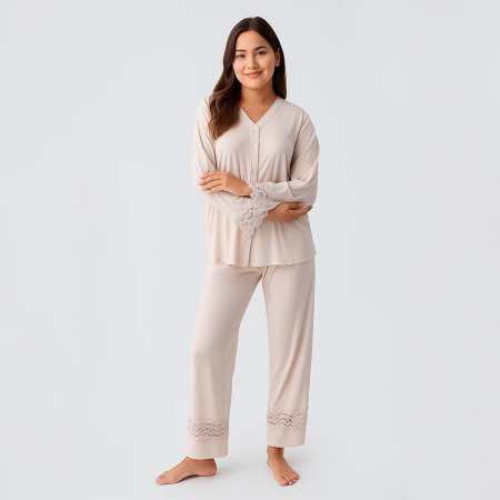 Lace Uzun Kollu Dantelli Esnek Viskoz Pijama Takımı - Bej - PENELOPE