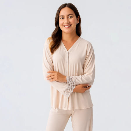 Lace Uzun Kollu Dantelli Esnek Viskoz Pijama Takımı - Bej - PENELOPE (1)