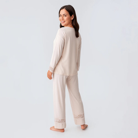 Lace Uzun Kollu Dantelli Esnek Viskoz Pijama Takımı - Bej - 3