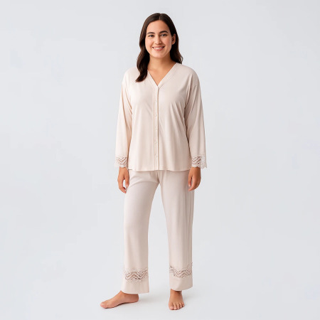 Lace Uzun Kollu Dantelli Esnek Viskoz Pijama Takımı - Bej - 4