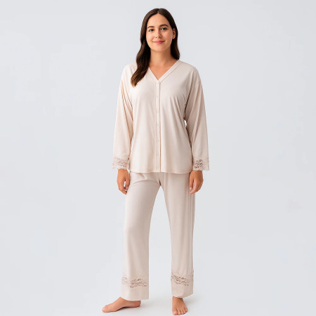 Lace Uzun Kollu Dantelli Esnek Viskoz Pijama Takımı - Bej - 5