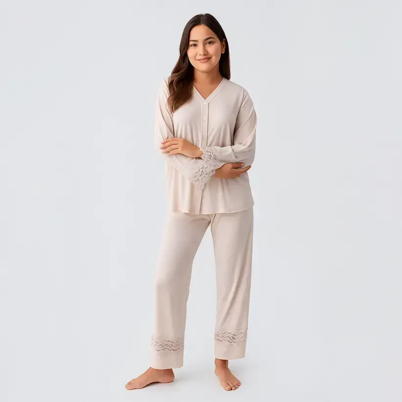 Lace Uzun Kollu Dantelli Esnek Viskoz Pijama Takımı - Bej/L - PENELOPE