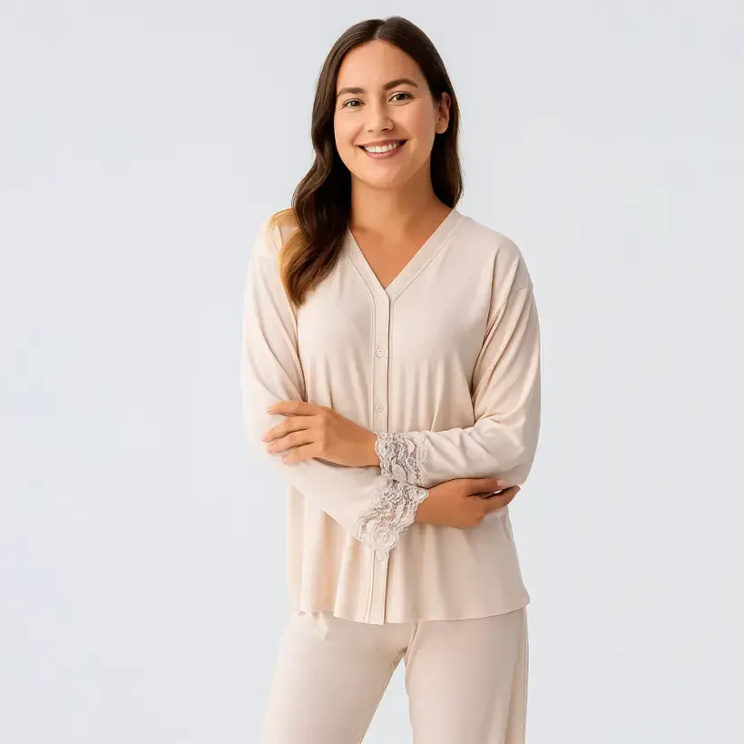 Lace Uzun Kollu Dantelli Esnek Viskoz Pijama Takımı - Bej/L - 