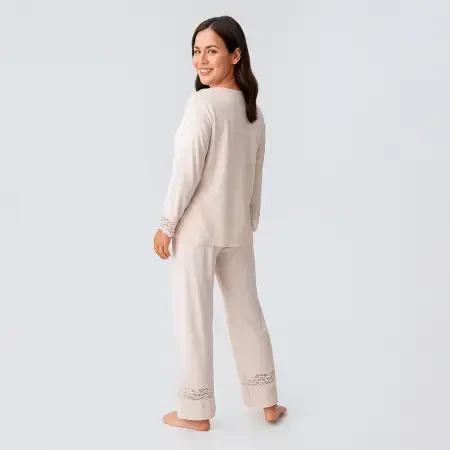 Lace Uzun Kollu Dantelli Esnek Viskoz Pijama Takımı - Bej/L - 3
