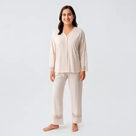 Lace Uzun Kollu Dantelli Esnek Viskoz Pijama Takımı - Bej/L - 4