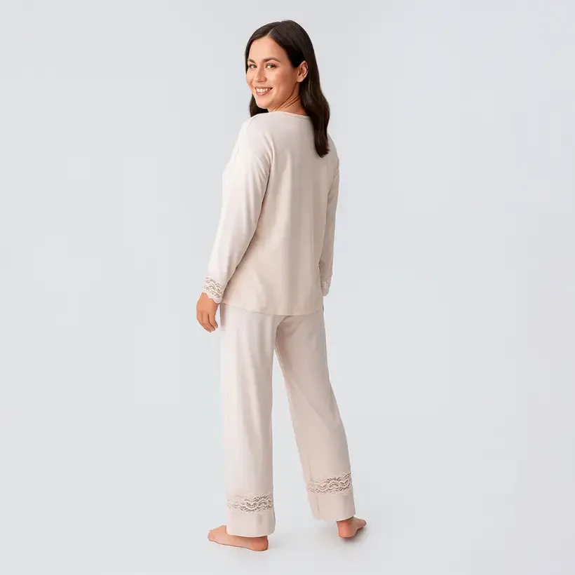 Lace Uzun Kollu Dantelli Esnek Viskoz Pijama Takımı - Bej/Xl - 