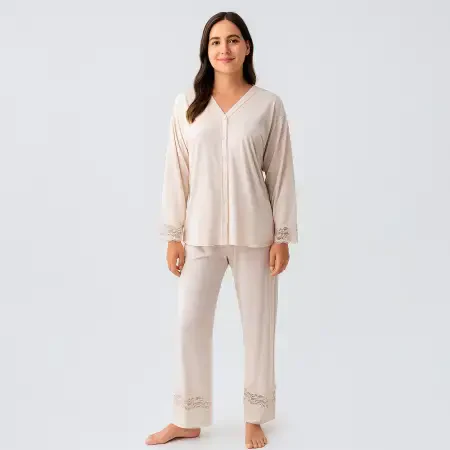 Lace Uzun Kollu Dantelli Esnek Viskoz Pijama Takımı - Bej/Xl - 5