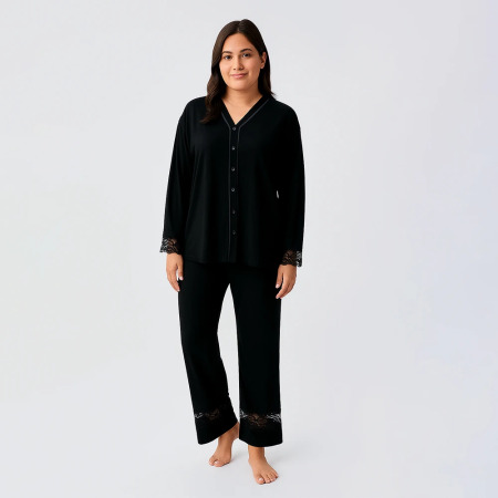 Lace Uzun Kollu Dantelli Esnek Viskoz Pijama Takımı - Siyah - PENELOPE