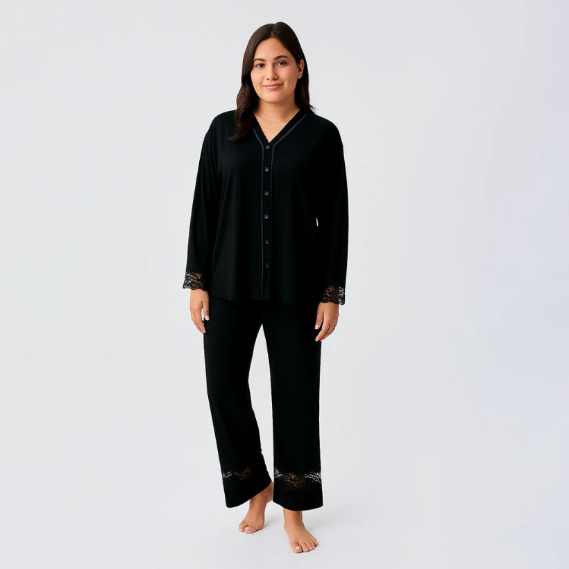 Lace Uzun Kollu Dantelli Esnek Viskoz Pijama Takımı - Siyah - 