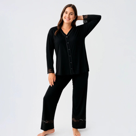 Lace Uzun Kollu Dantelli Esnek Viskoz Pijama Takımı - Siyah - 3