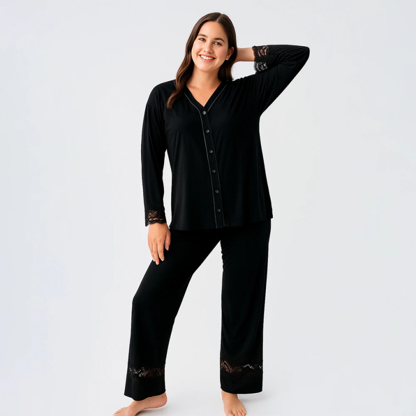 Lace Uzun Kollu Dantelli Esnek Viskoz Pijama Takımı - Siyah - 