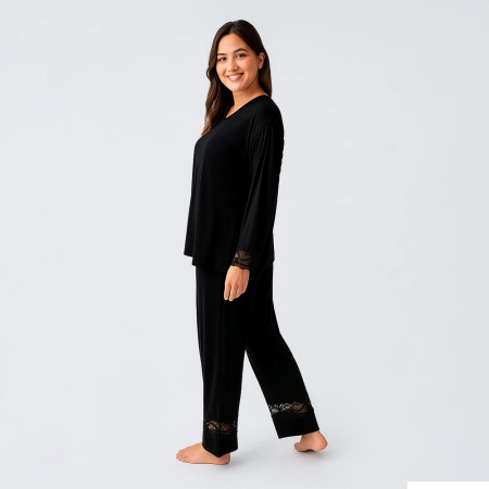 Lace Uzun Kollu Dantelli Esnek Viskoz Pijama Takımı - Siyah - 4