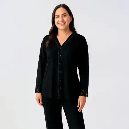 Lace Uzun Kollu Dantelli Esnek Viskoz Pijama Takımı - Siyah/Xl - PENELOPE (1)