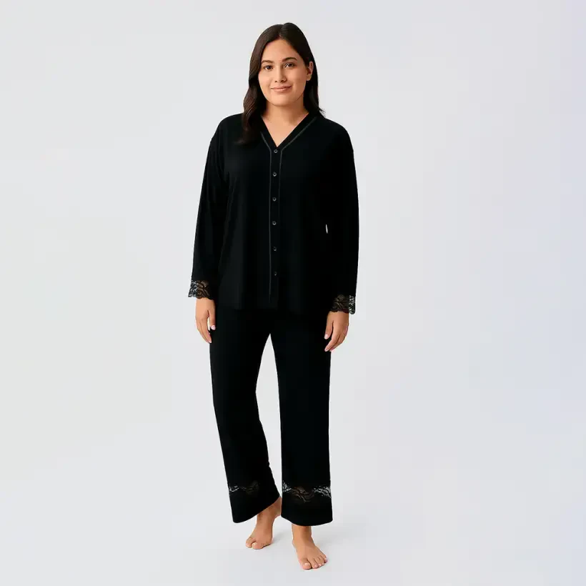 Lace Uzun Kollu Dantelli Esnek Viskoz Pijama Takımı - Siyah/Xxl - 
