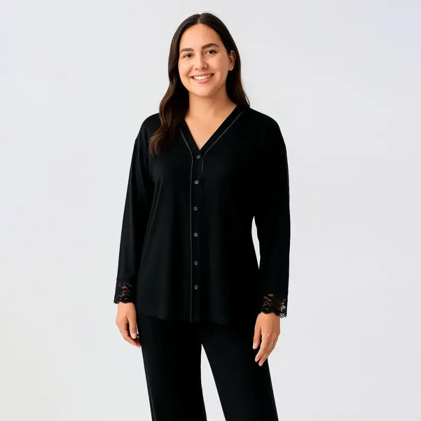 Lace Uzun Kollu Dantelli Esnek Viskoz Pijama Takımı - Siyah/Xxl - 
