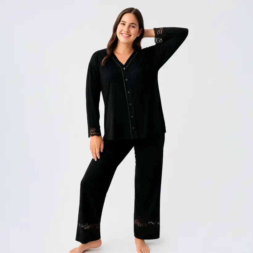 Lace Uzun Kollu Dantelli Esnek Viskoz Pijama Takımı - Siyah/Xxl - 