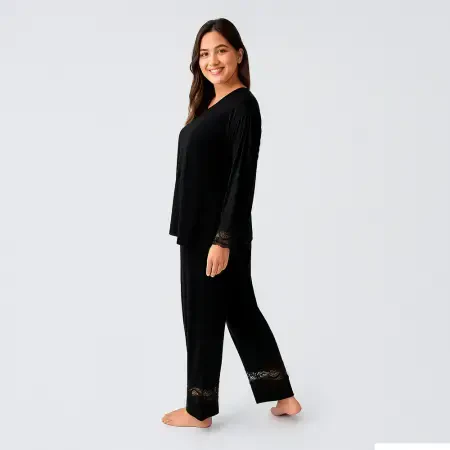 Lace Uzun Kollu Dantelli Esnek Viskoz Pijama Takımı - Siyah/Xxl - 4