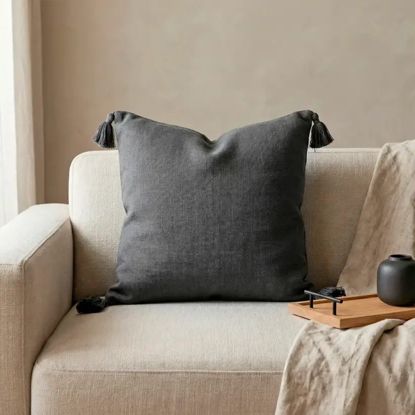 Nora Püsküllü Kırlent Kılıfı 50x50 cm Koyu Gri - Penelope