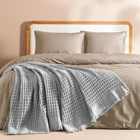 %100 Pamuk Dokuma Yatak Örtüsü 240x250 cm Gri - Belinda Serisi - 1