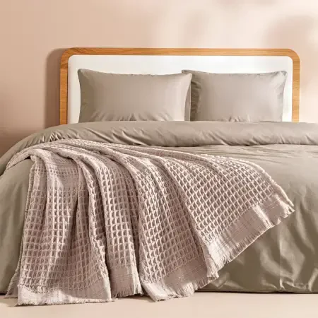 %100 Pamuk Dokuma Yatak Örtüsü 240x250 cm Pudra - Belinda Serisi - 1
