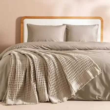 %100 Pamuk Dokuma Yatak Örtüsü 240x250 cm Taş - Belinda Serisi - 1