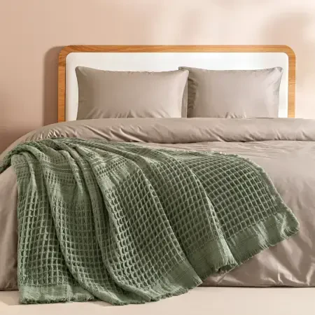 %100 Pamuk Dokuma Yatak Örtüsü 240x250 cm Yeşil - Belinda Serisi - 1
