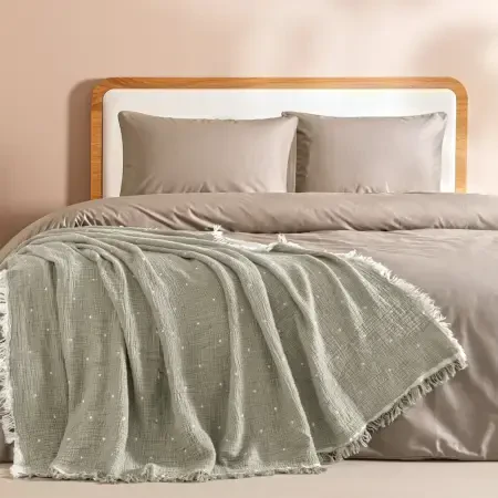 %100 Pamuk Müslin Yatak Örtüsü 160x240 cm Gri - Glen Serisi - 1