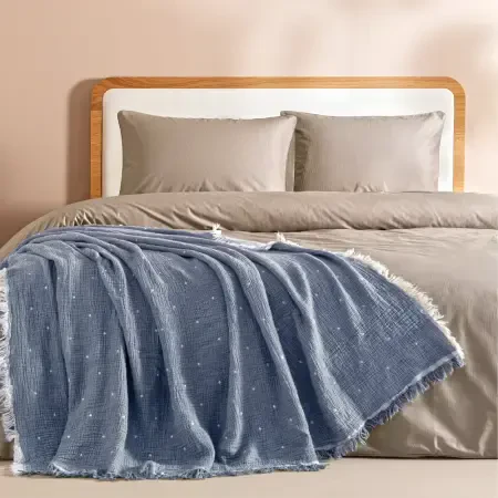 %100 Pamuk Müslin Yatak Örtüsü 160x240 cm Mavi - Glen Serisi - 1