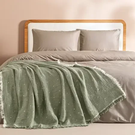 %100 Pamuk Müslin Yatak Örtüsü 160x240 cm Yeşil - Glen Serisi - 1