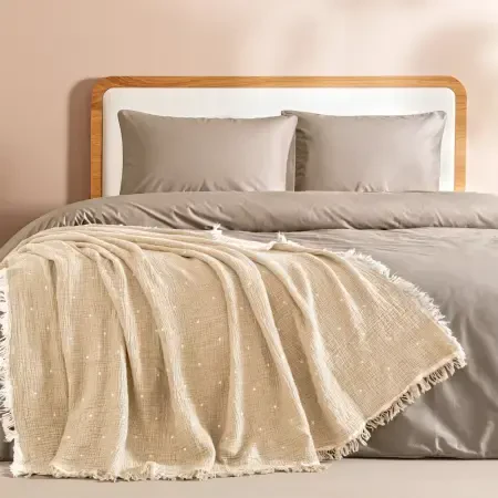 %100 Pamuk Müslin Yatak Örtüsü 220x240 cm Bej - Glen Serisi - 1