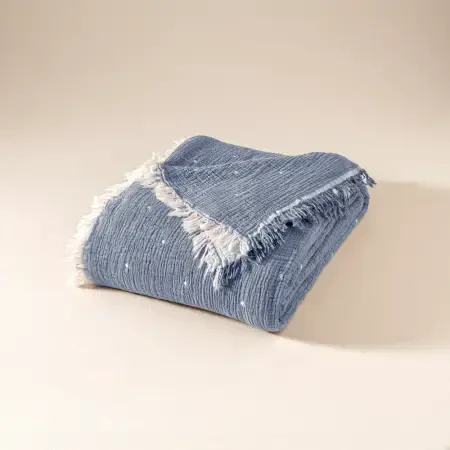 %100 Pamuk Müslin Yatak Örtüsü 220x240 cm Mavi - Glen Serisi - 5