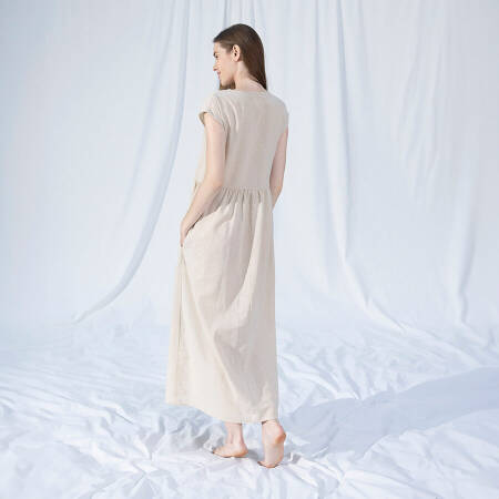 %100 Keten Elbise Ekru S-M - Serli Keçoğlu Koleksiyonu - 4