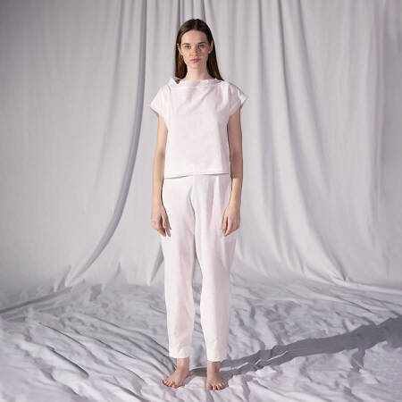 %100 Keten Kısa Kol Bluz Ekru S-M - Serli Keçoğlu Koleksiyonu - 1