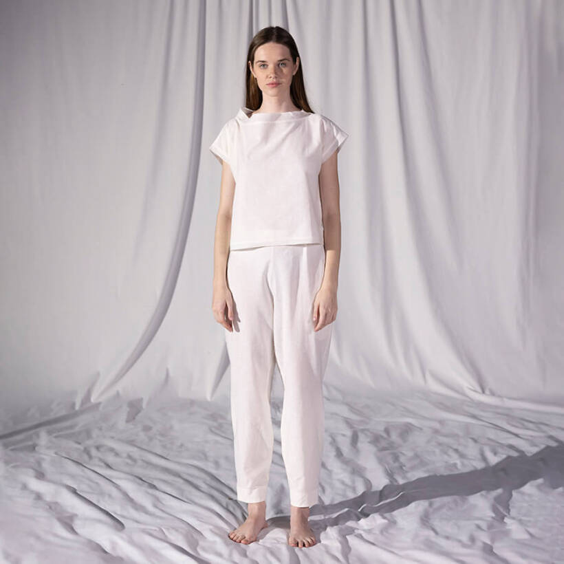 %100 Keten Kısa Kol Bluz Ekru S-M - Serli Keçoğlu Koleksiyonu - Penelope